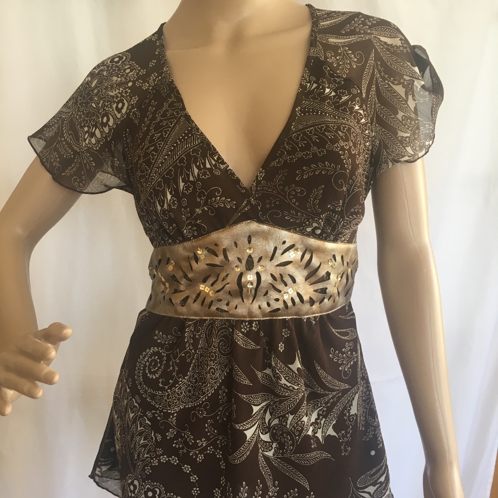 Brown Patterned Blouse with Faux Leather Wasteband